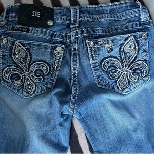 Y2K Miss Me Blue Boot Cut Jeans with Silver Embroidery
